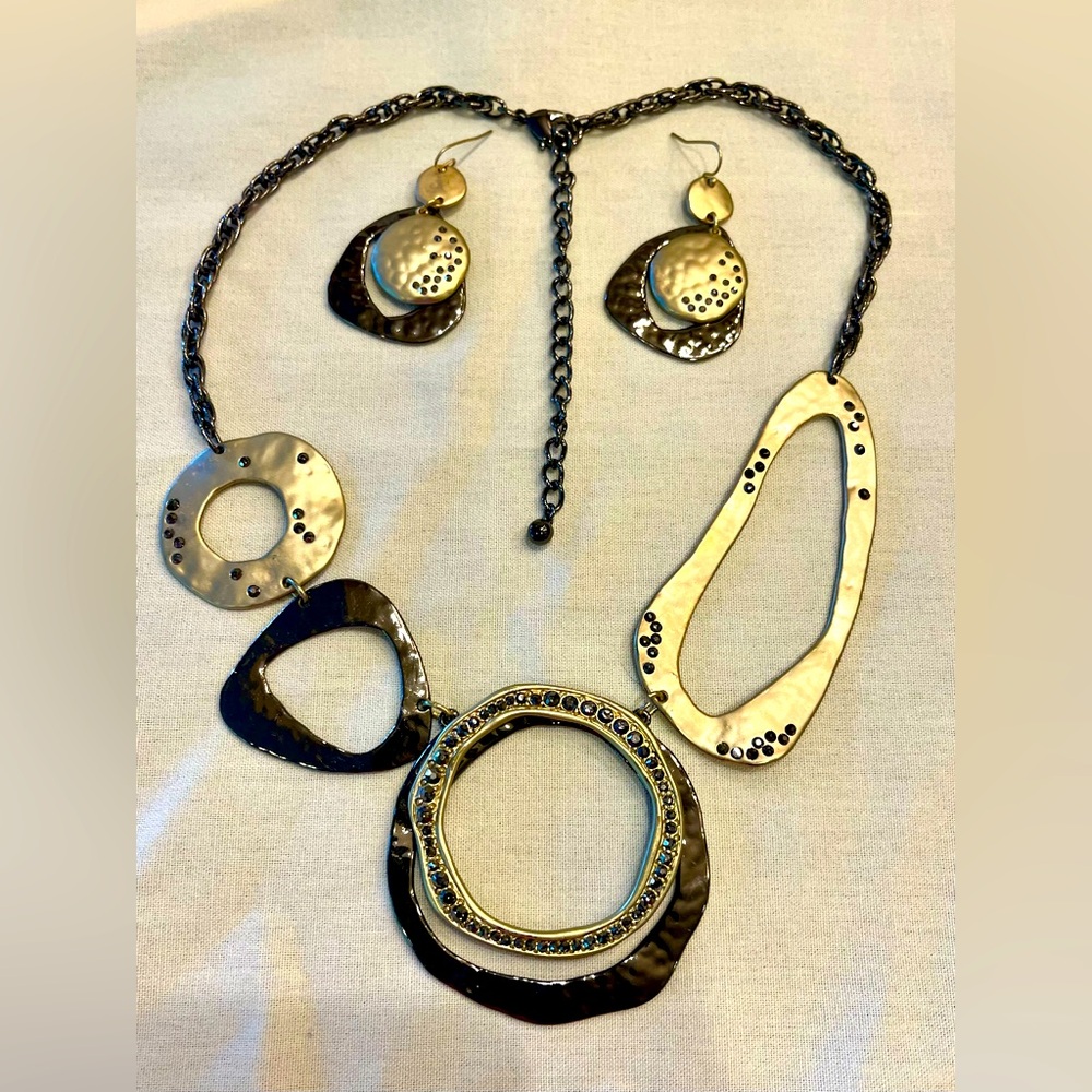 Abstract Gold and Brown Statement Necklace and Earring Set